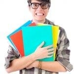 Geeky office employee faking a smile, isolated