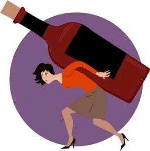 Alcoholic woman carrying a bottle of liquer