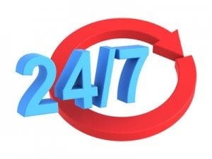 24 hours a day and 7 days a week sign isolated over white.